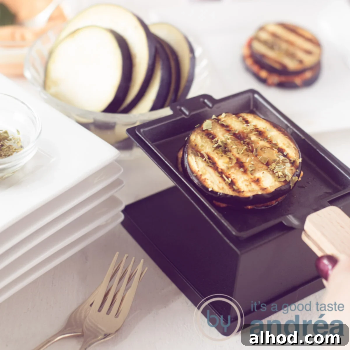 Grilled aubergine slices with Italian herbs and melted mozzarella, garnished with radish and cress