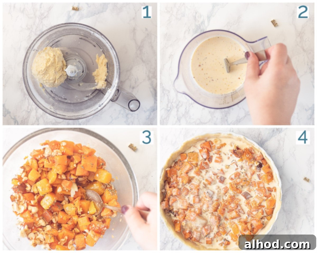 Roasted Garlic Pumpkin Sweet Potato Quiche 4 4 photos preparation collage Autumn Quiche with Sweet Potato