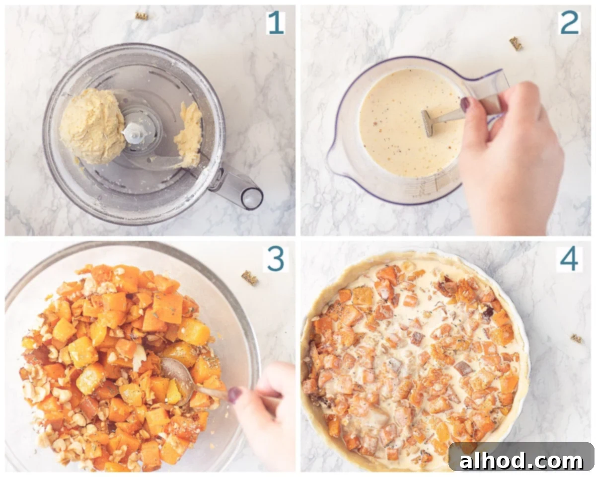 Sweet and Savory Pumpkin Sweet Potato Quiche with Roasted Garlic 4 A four-photo collage showcasing the preparation stages of an Autumn Quiche with Sweet Potato, from mixing ingredients to the final baked product.