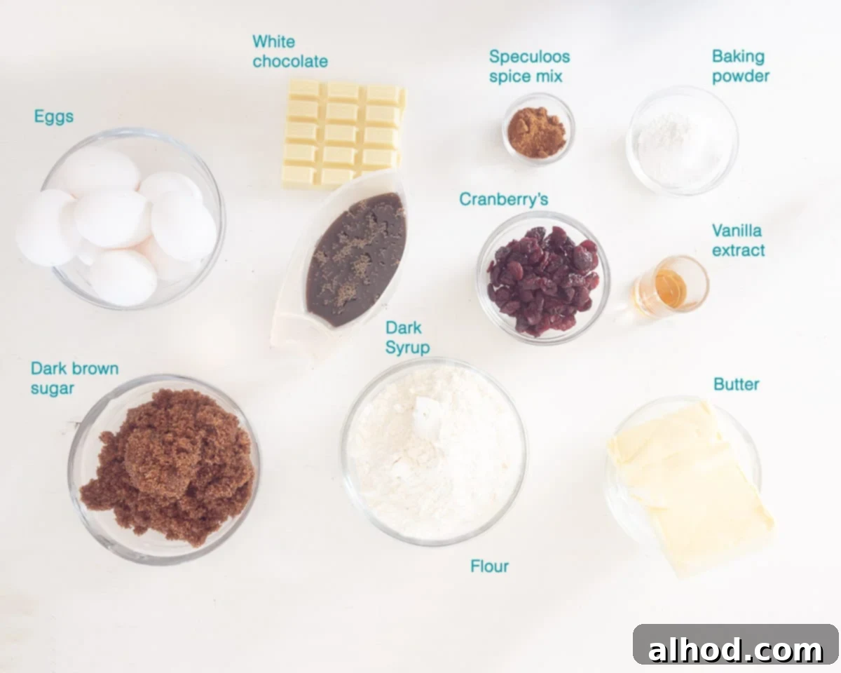 Individual ingredients for White Chocolate Cranberry Bundt Cake, clearly labeled on a clean white background.