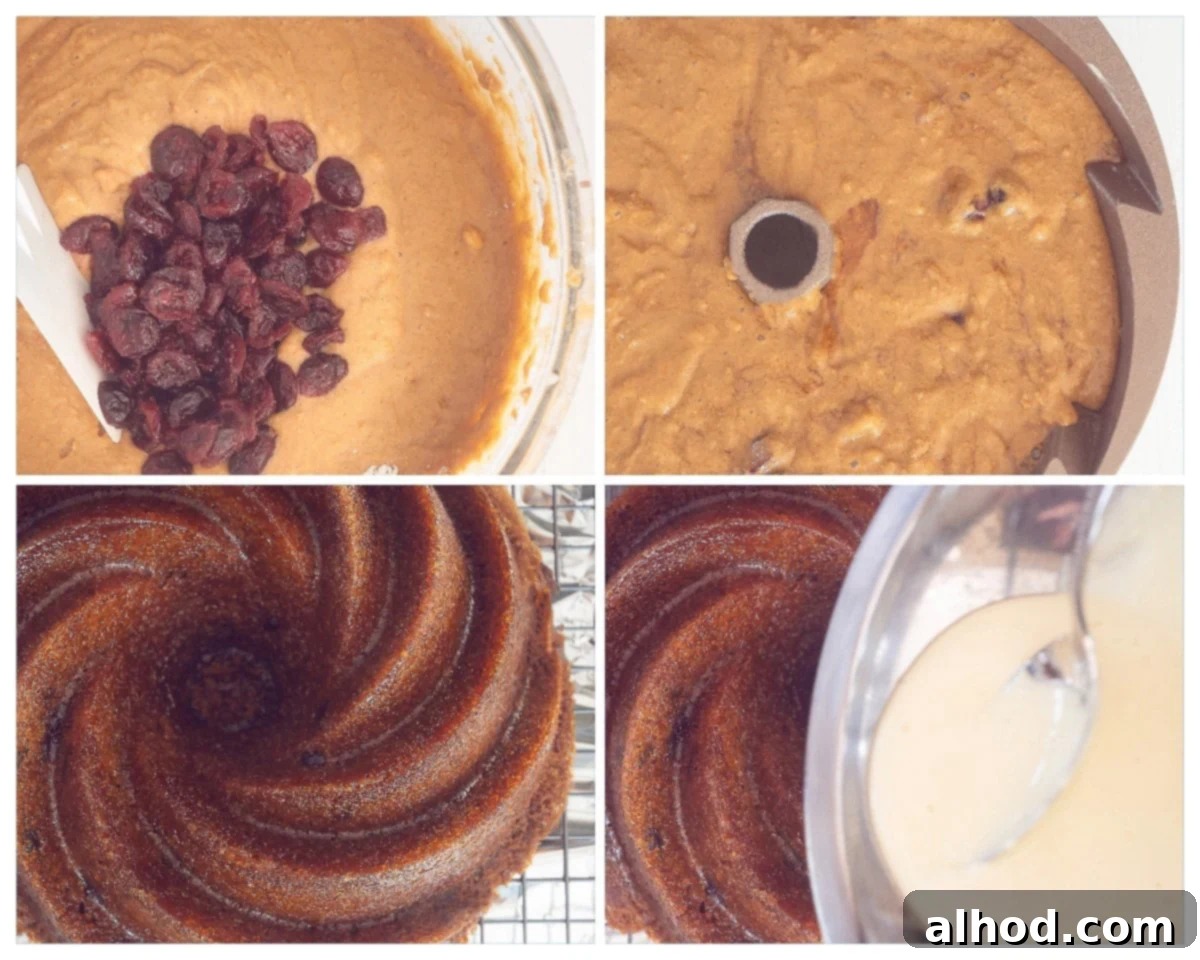 A four-panel collage showing the preparation stages of a white chocolate cranberry bundt cake, from mixing to baking.