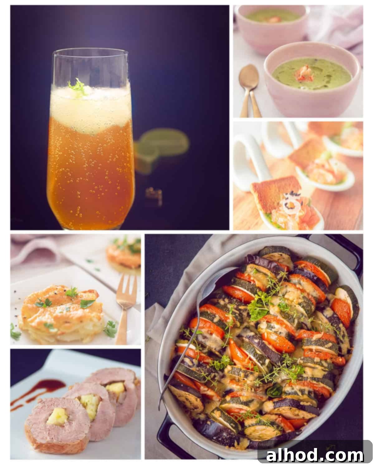 Unforgettable Yuletide Feast 2 A collage of six festive Christmas dinner recipes, including salmon amuse-bouche, onion tart, pea soup, scroppino, potato gratin, and pork tenderloin.