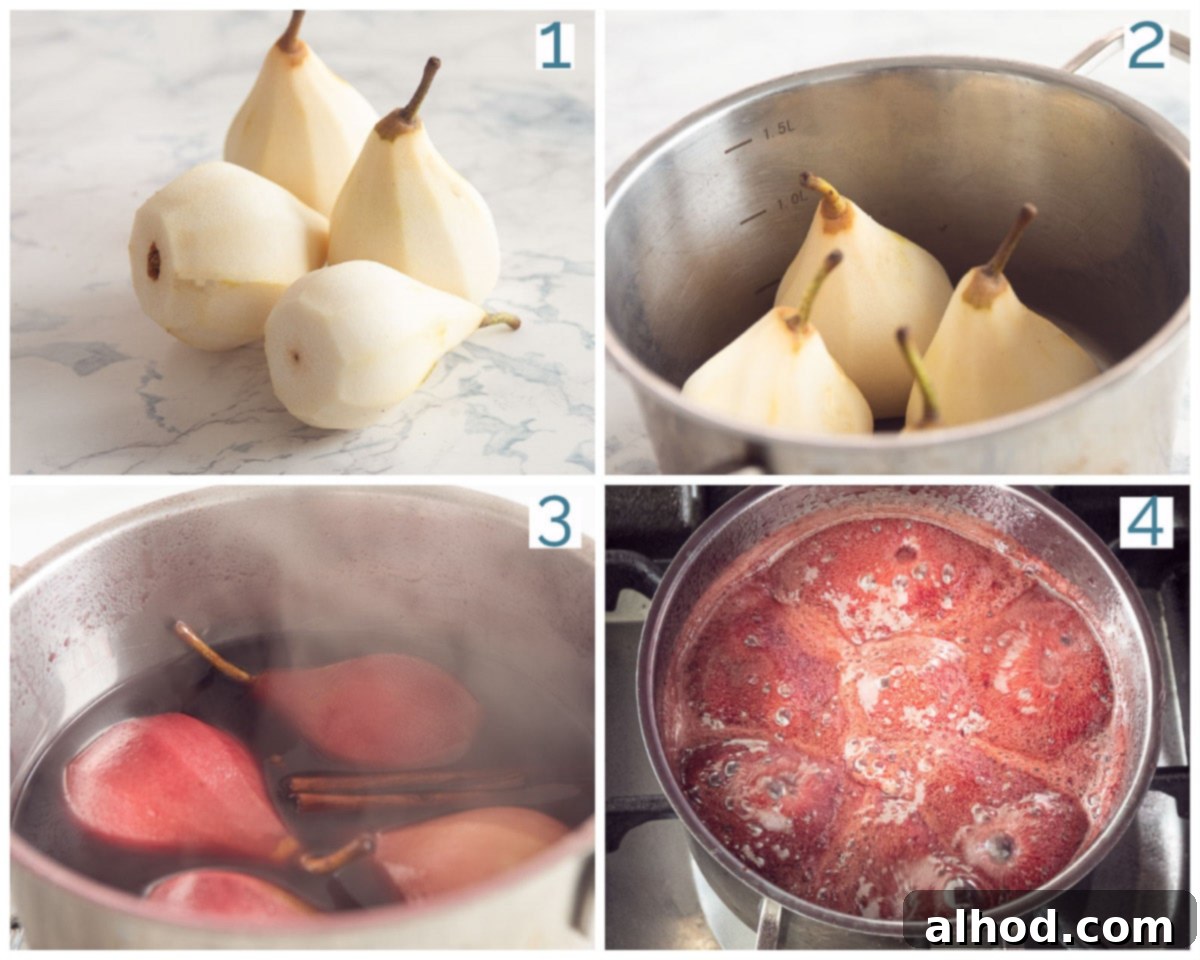 Classic French Port Wine Poached Pears Easy Recipe 4 Four photos showing the preparation of the stewed pears in port and wine