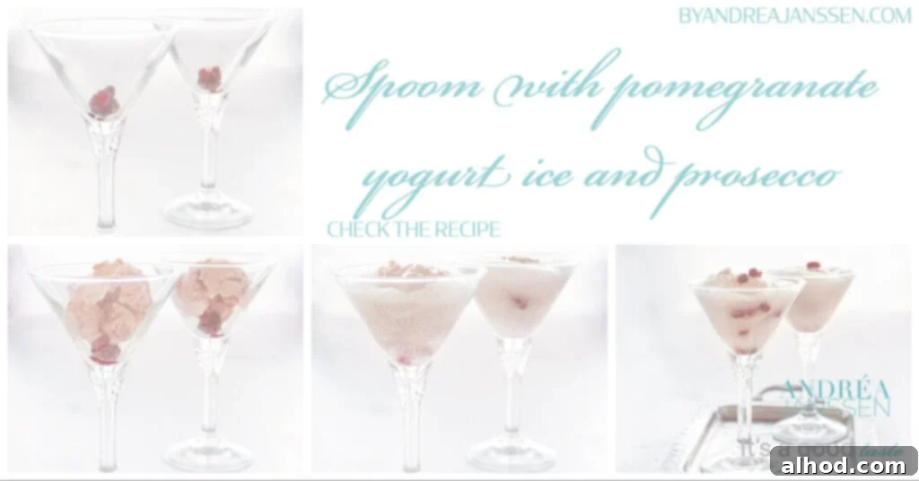 Pomegranate Prosecco Spoom 2 Different steps to prepare a yogurt with honey and pomegranate spoom including mixing ingredients, freezing, and whisking.