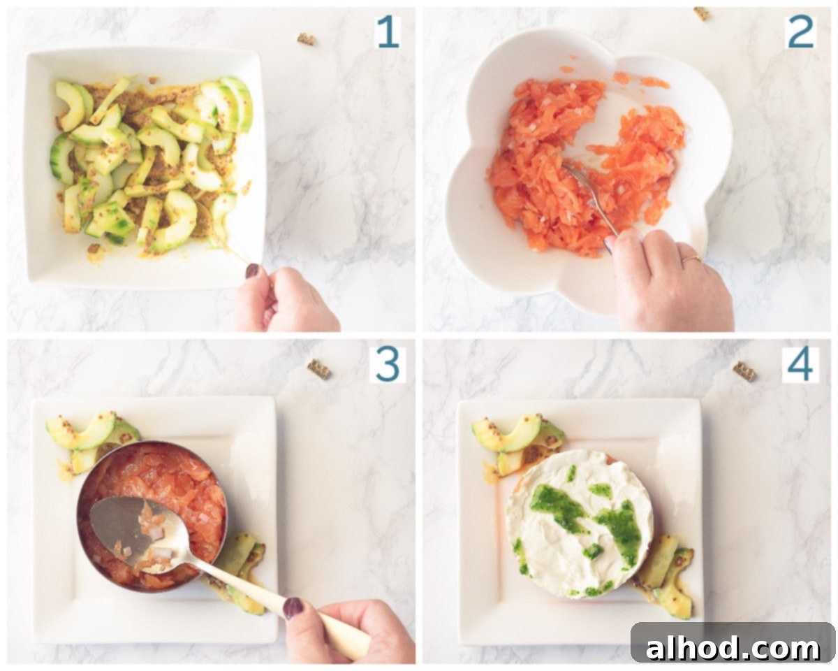 4 photos preparation collage Smoked Salmon Goat cheese Towers