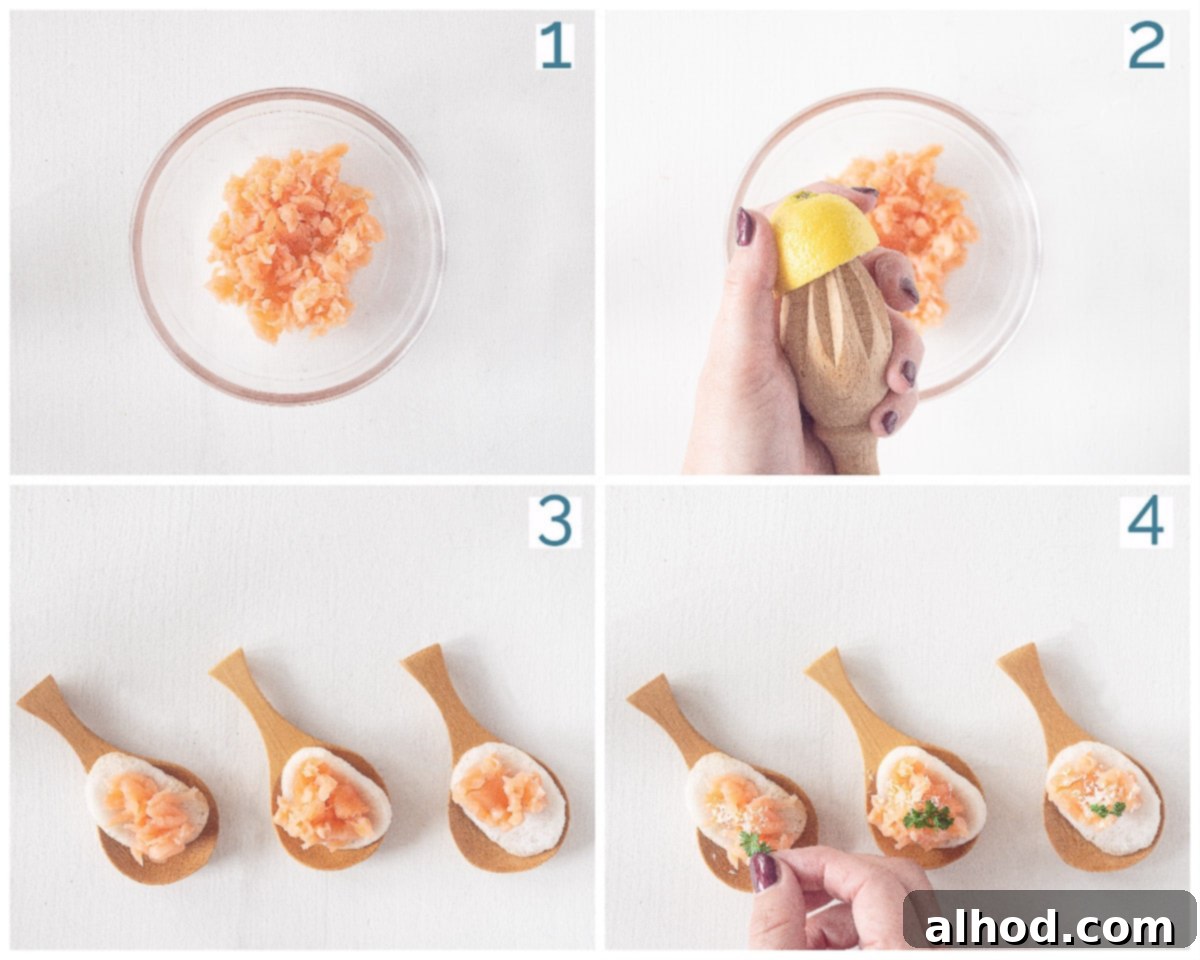 Salmon Prawn Cracker Bites 4 4 photos preparation collage Easy Snack with Smoked Salmon