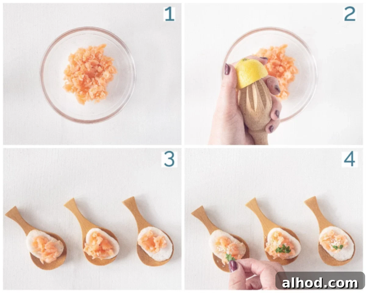 Salmon and Crispy Prawn Crackers 4 A four-photo preparation collage showing the easy steps to make Smoked Salmon Prawn Crackers, including chopping salmon, mixing marinade, topping crackers, and garnishing.