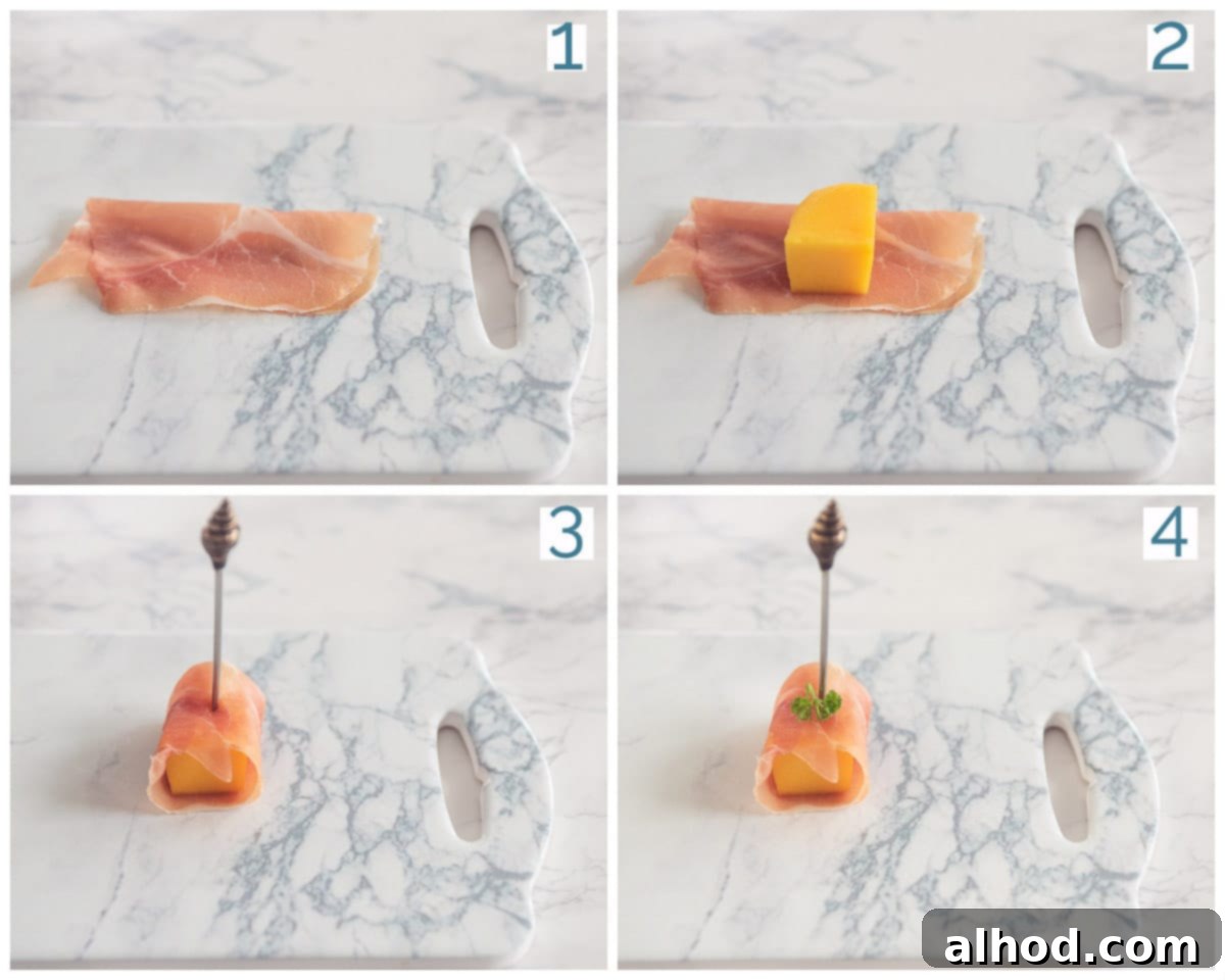 Preparing Prosciutto appetizers in four pictures: mango cubes, prosciutto slices, wrapping, and garnishing