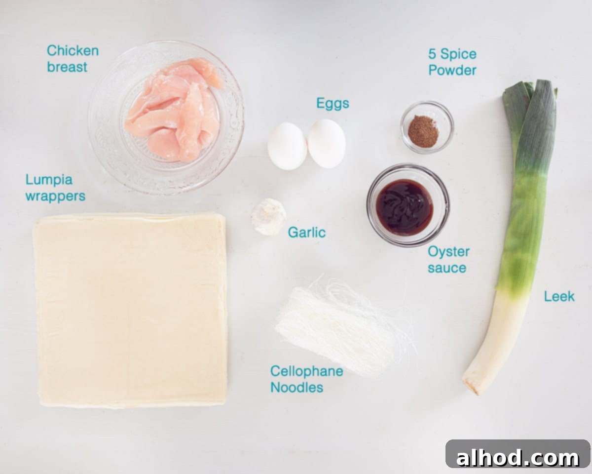 Chicken Lumpia 3 Ingredients Chicken Lumpia, individually labelled on a white background