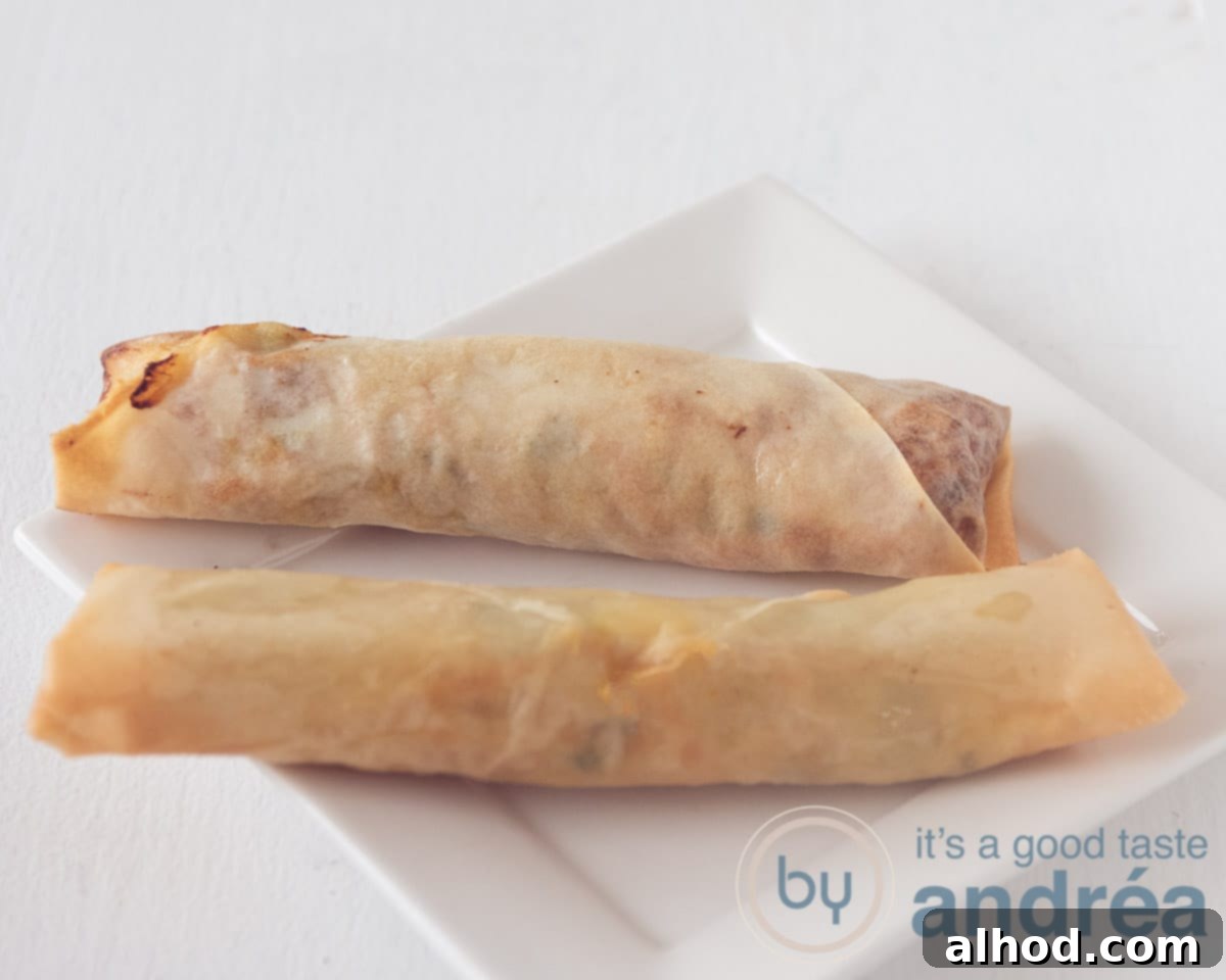 Chicken Lumpia 6 Two spring rolls on a white plate. The front one is from the fryer. The back baked in the Airfryer.