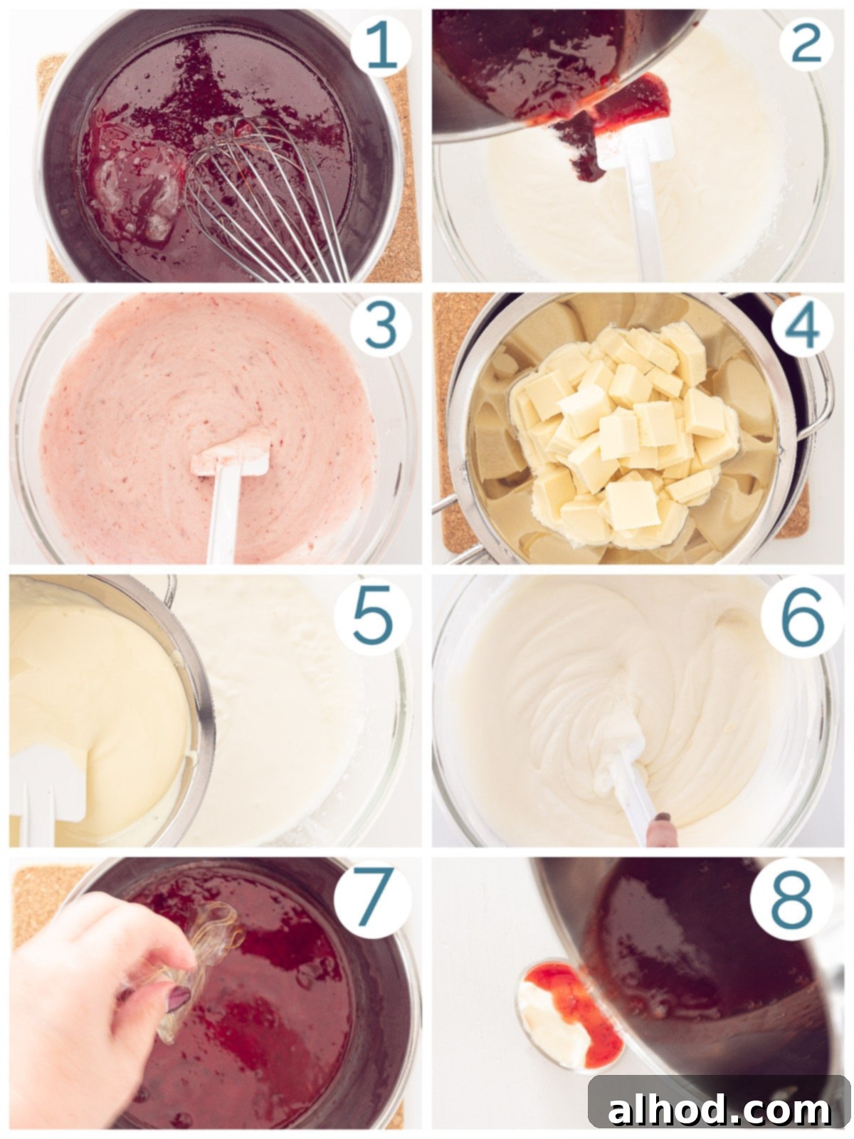 Decadent White Chocolate Strawberry Mousse 4 8 steps preparation white chocolate with mascarpone and strawberry mousse