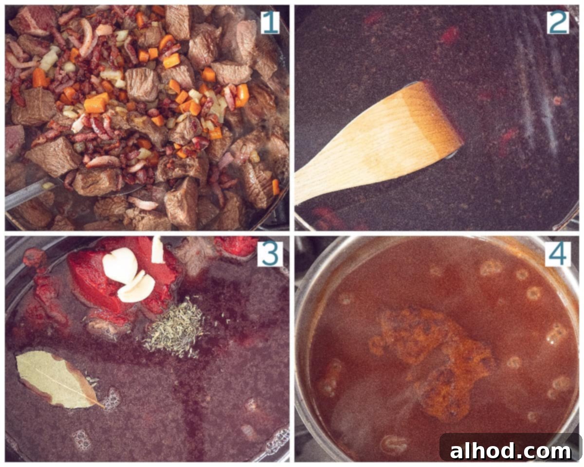 Slow Cooker Beef Bourguignon Without Mushrooms 4 A four-photo collage showcasing the preparation stages of Boeuf Bourguignon in a slow cooker, from browning ingredients to simmering.
