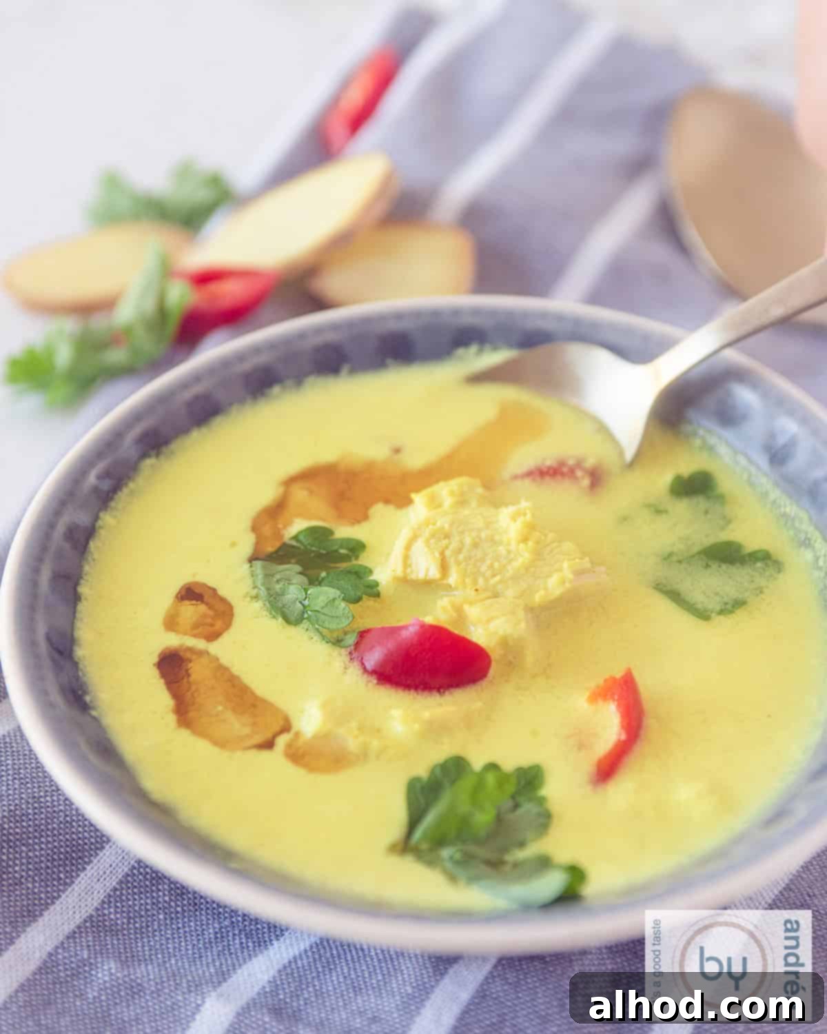 Velvety Ginger Coconut Chicken Soup 3 A vibrant, close-up photo of a bowl filled with chicken soup, highlighting the creamy coconut milk broth, tender chicken, and visible fresh herbs and spices, garnished for presentation.
