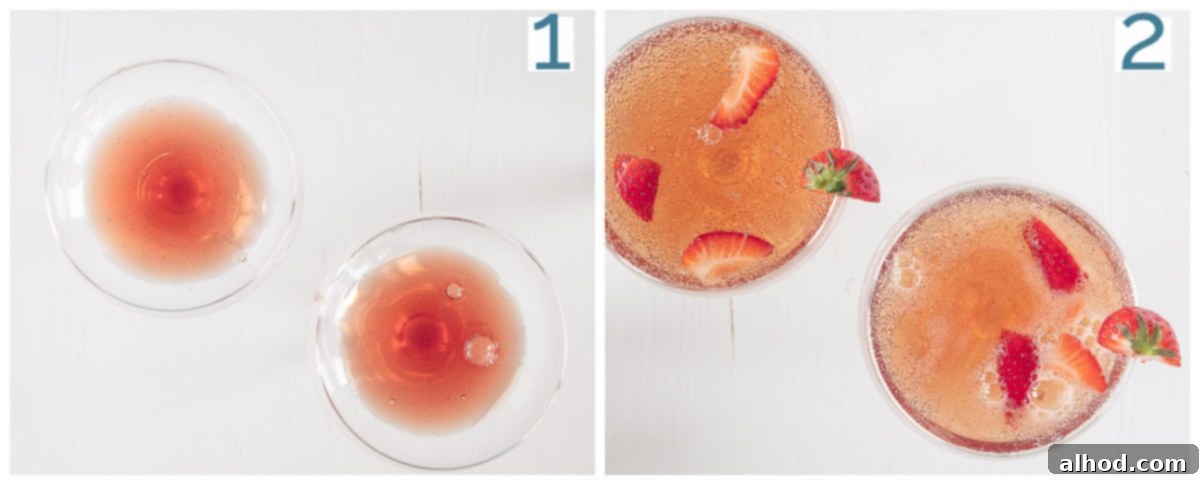 Strawberry Prosecco Fizz 4 Preparation shown in two steps for a strawberry prosecco cocktail: adding syrup and strawberries to a glass, then pouring prosecco.