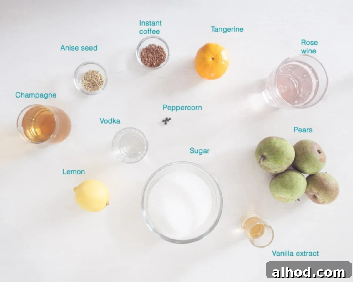 Sparkling Pear Elixir 3 Ingredients Pear Champagne Cocktail, individually labelled on a white background