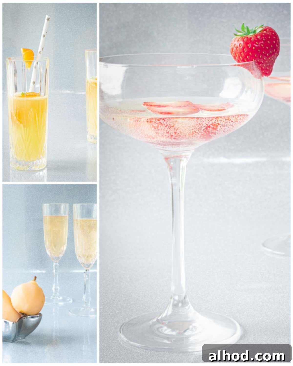 Sparkling Sips to Welcome the New Year 2 A height picture of three pictures in a collage with each cocktails on a silver background