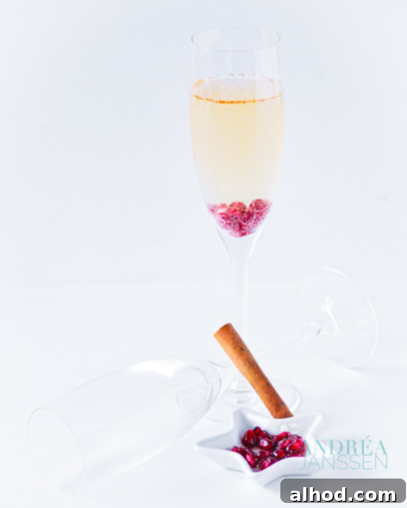 GRANAATAPPEL PROSECCO COCKTAIL MET EEN SNUFJE KANEEL - Pomegranate Prosecco Cocktail with a Pinch of Cinnamon, a festive and spiced bubbly drink.