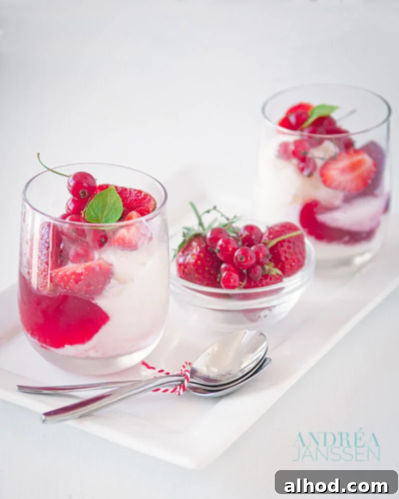 Frozen Yogurt with Berries 2 Two glasses of creamy frozen yogurt with vibrant red currant jam and fresh red currants, alongside a bowl of fresh berries.