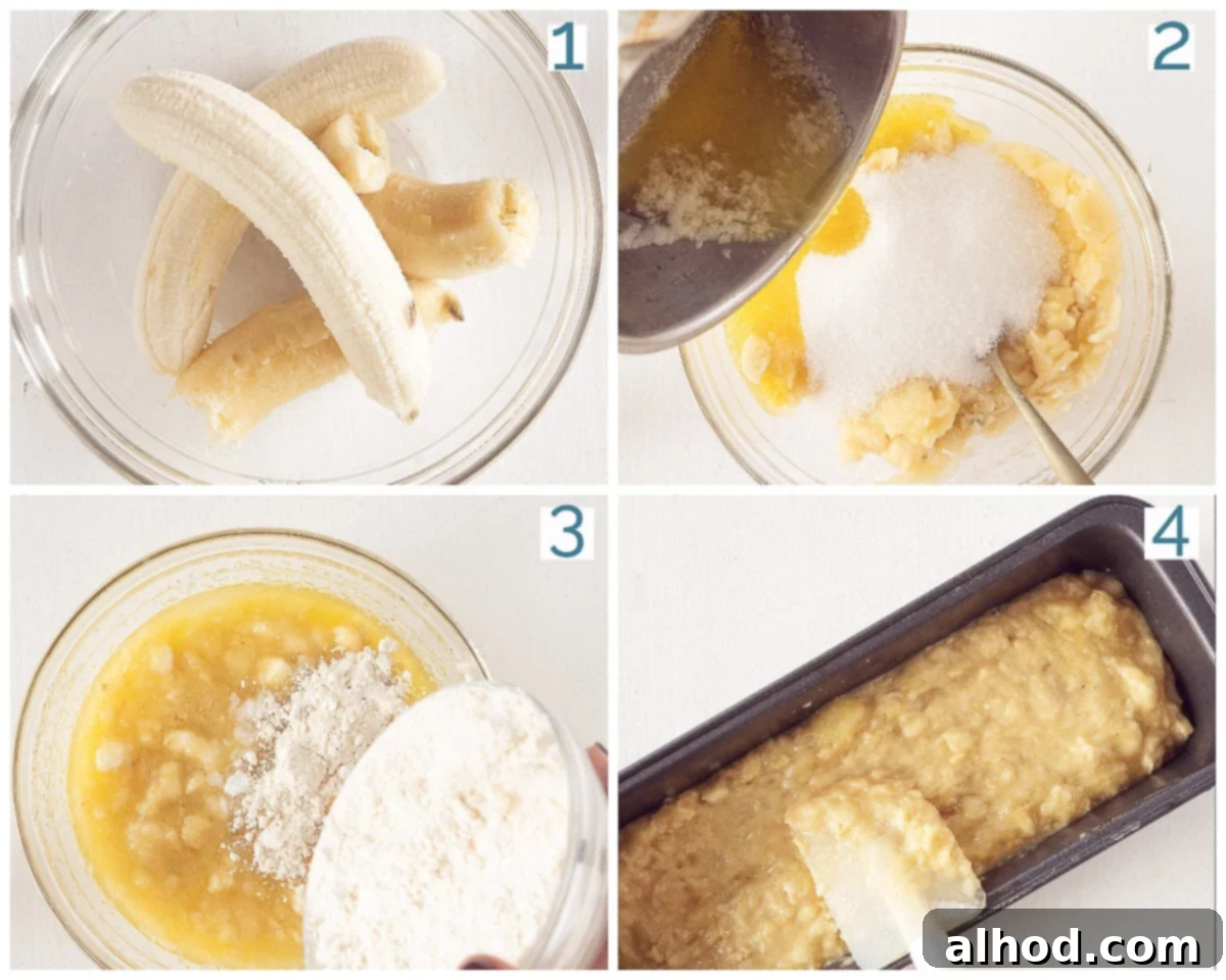 Golden Banana Pound 3 A four-photo collage demonstrating the preparation steps for Banana Loaf Pound Cake: mashing bananas, mixing wet ingredients, adding dry ingredients, and pouring batter into a loaf pan.