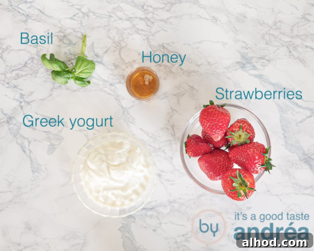 Sweet and Savory Strawberry Basil Smoothie 3 Ingredients for strawberry smoothie with yogurt and basil, laid out on a table