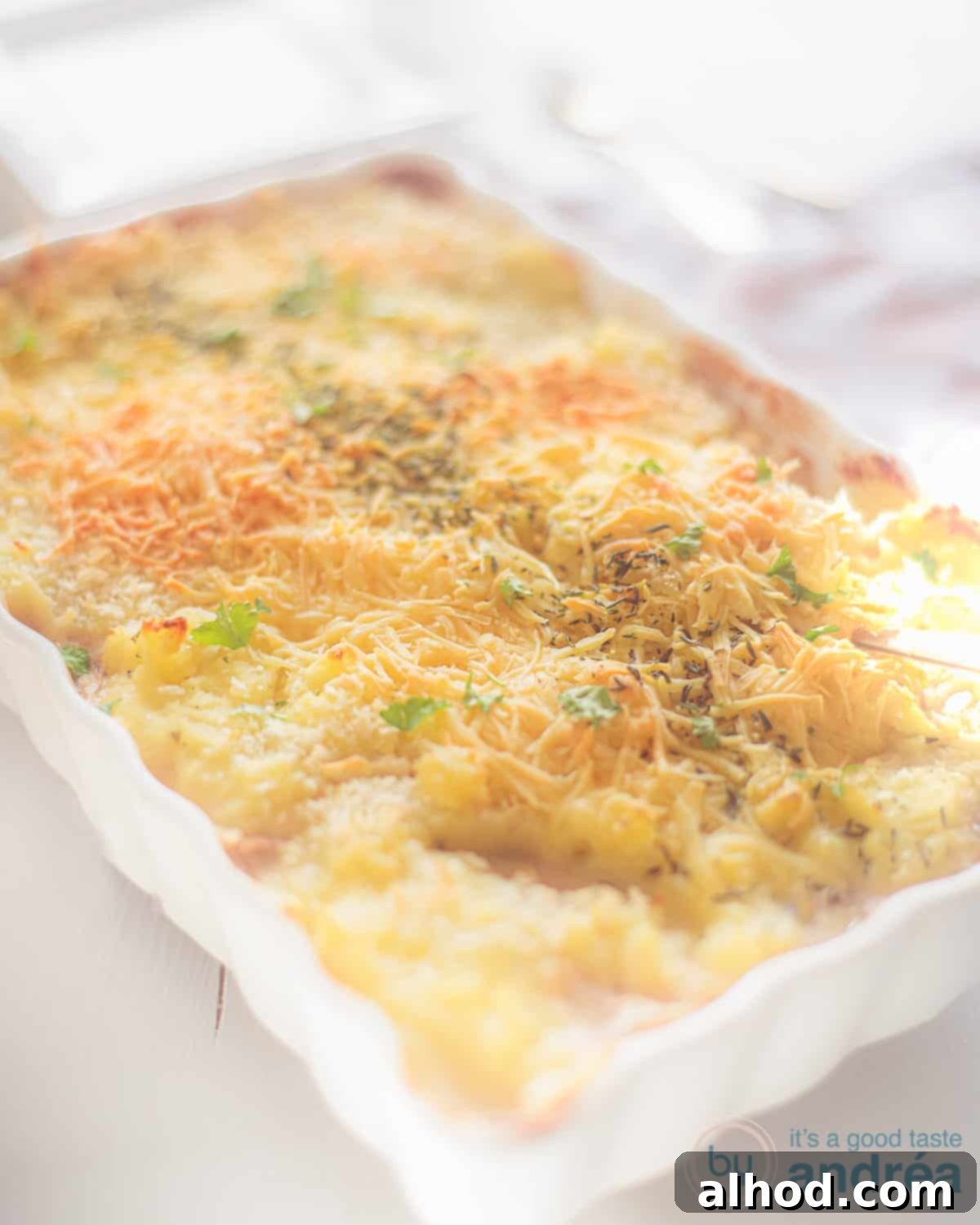 Sea Shepherd's Pie 2 An oven dish with mashed potatoes, tuna, leek and other vegetables. A white background.