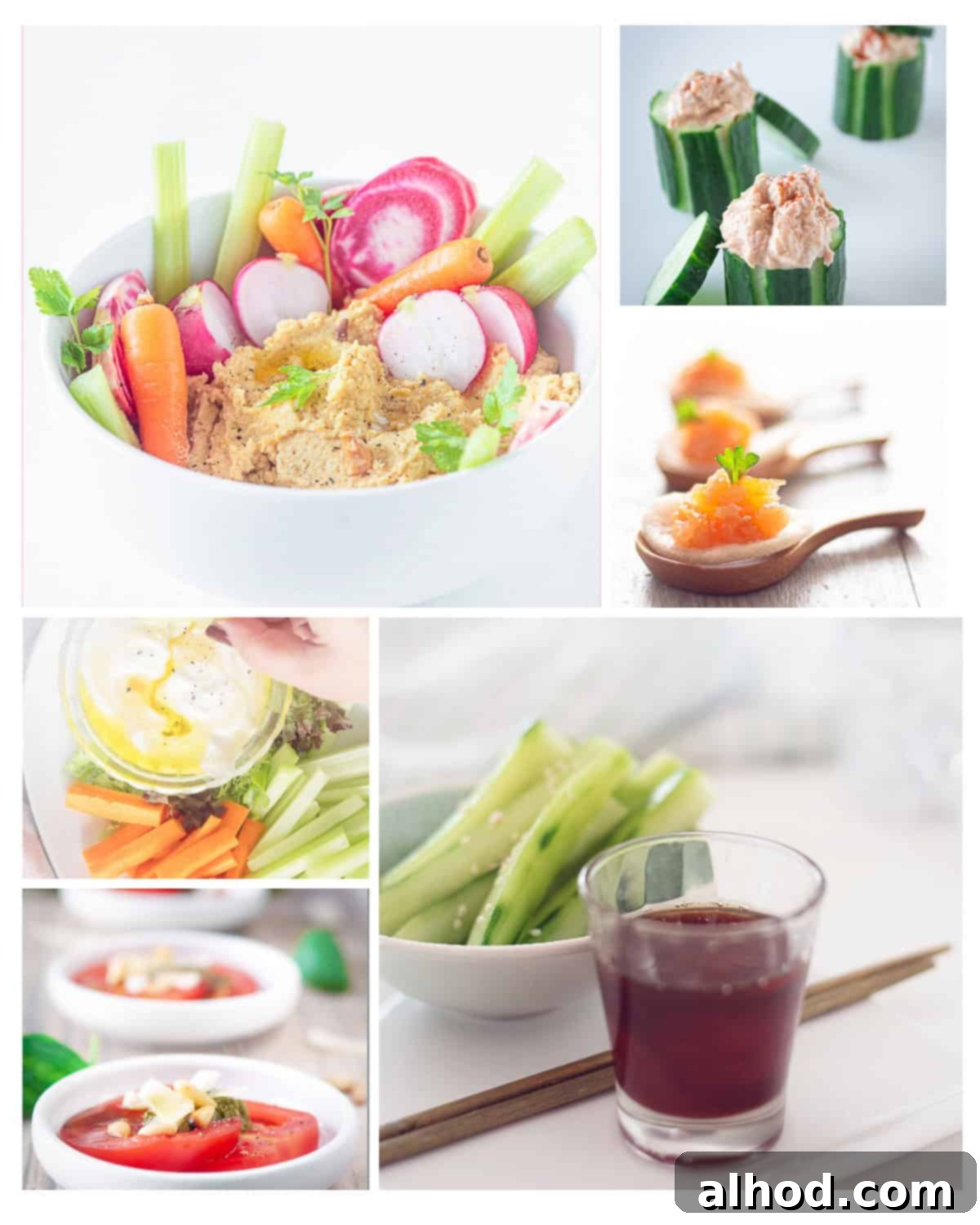Healthy Bites for Afternoon Energy 2 A collage of six vibrant, healthy snack photos, including cucumber appetizers, crudités, tomato salad, salmon bites, tuna-filled cucumbers, and hummus with vegetables.