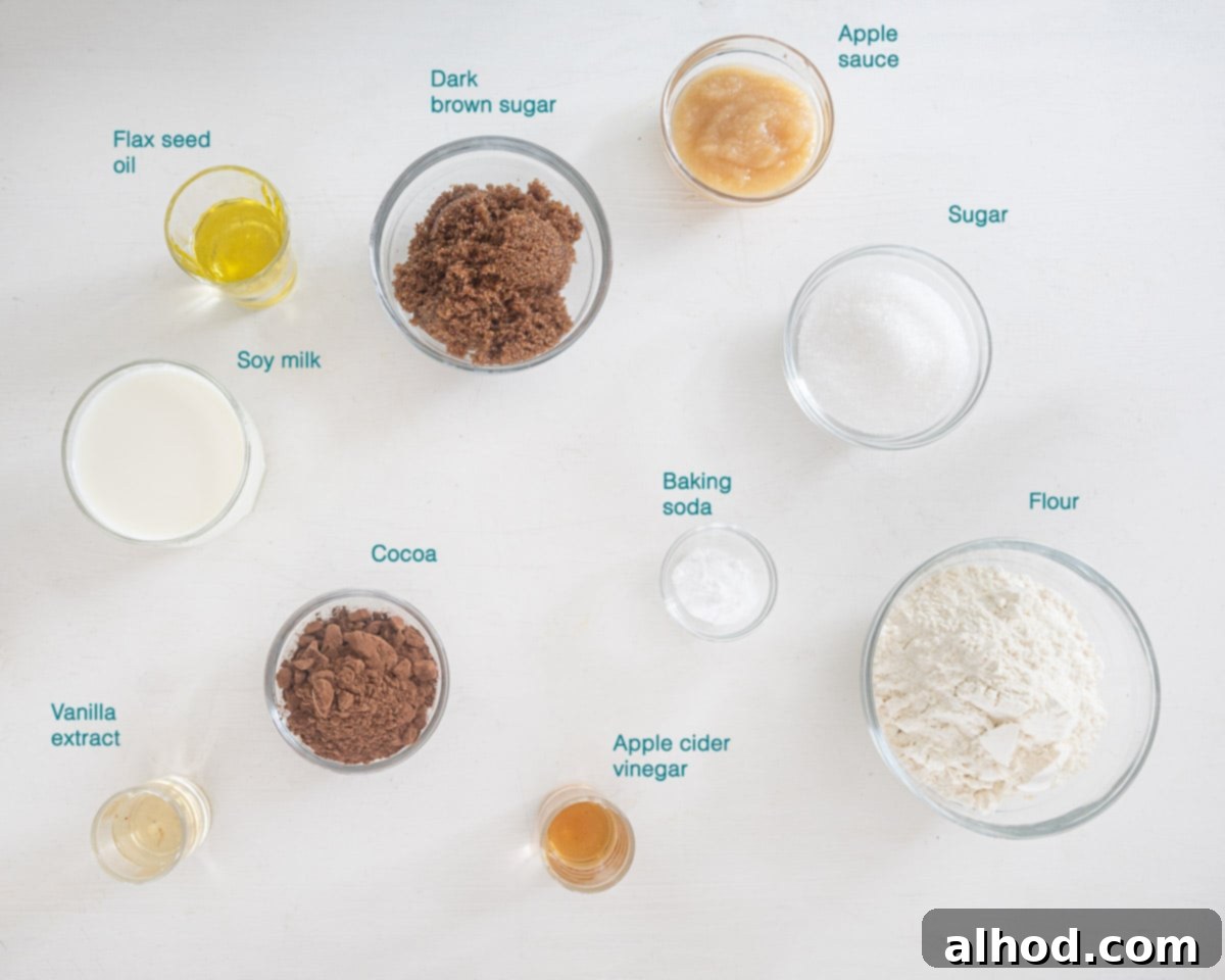 Easy Dairy-Free Chocolate Cupcakes 3 Individually labelled ingredients for dairy-free and eggless chocolate cupcakes, including soy milk, vanilla extract, flaxseed oil, applesauce, apple cider vinegar, flour, cocoa powder, baking soda, salt, and sugars, arranged on a clean white background.