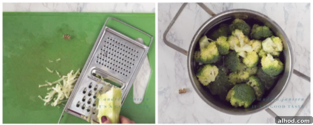 Herby Broccoli Frittata with Melted Mozzarella 3 Step 1: Grating the broccoli stem and cooking the florets for the frittata base.