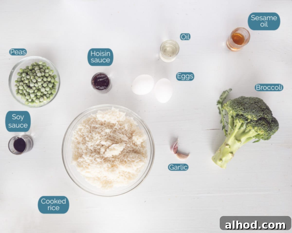 Quick Broccoli Egg Fried Rice 3 Ingredients Easy Broccoli and Egg Fried Rice, individually labelled on a white background