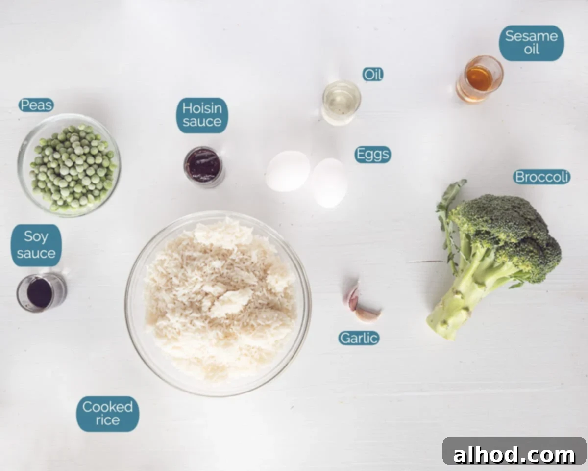 Velvety Egg and Vibrant Broccoli Fried Rice 3 Individual ingredients for Easy Broccoli and Egg Fried Rice clearly labelled on a clean white background, including broccoli, eggs, peas, rice, garlic, and various sauces.