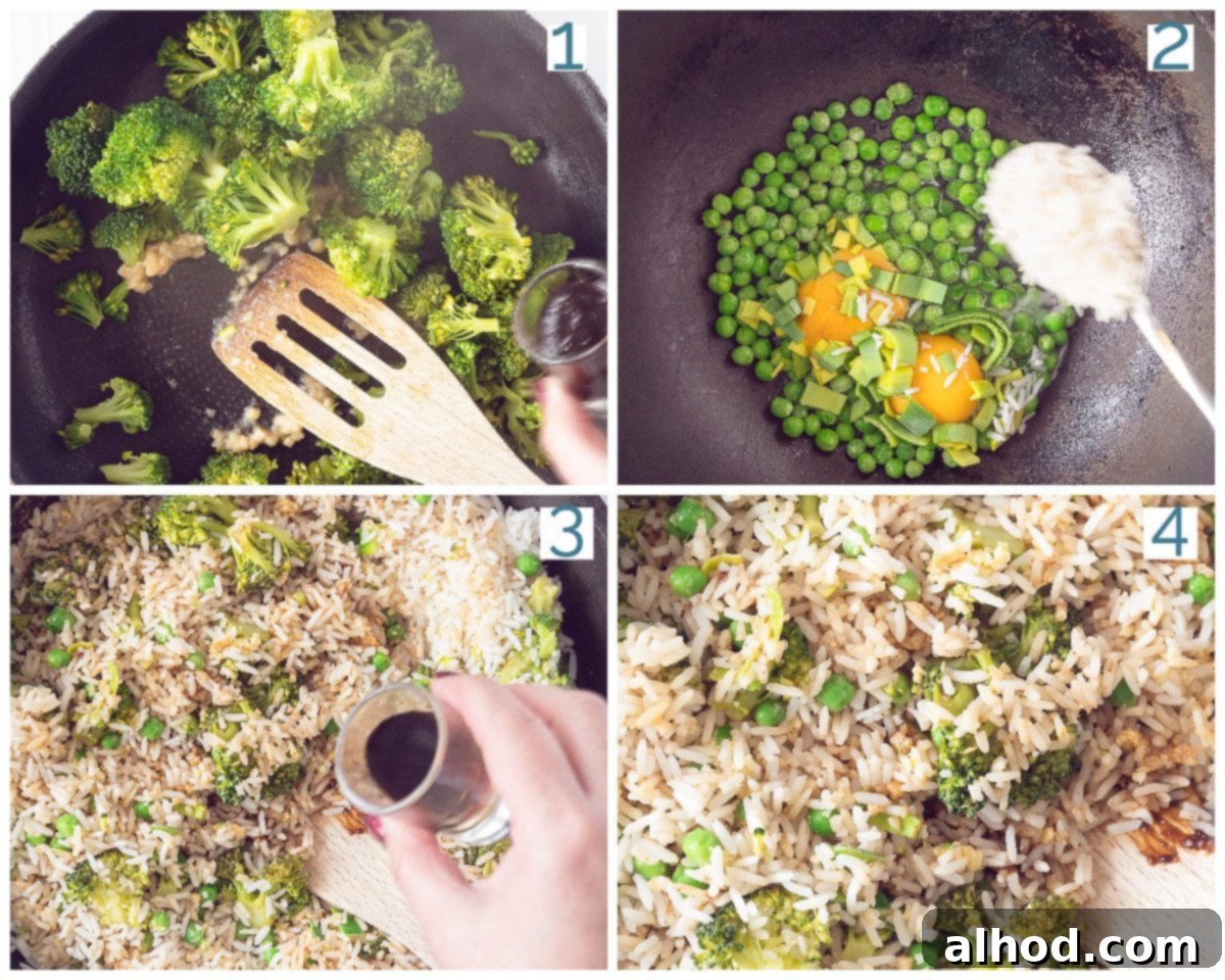 Velvety Egg and Vibrant Broccoli Fried Rice 4 A four-panel collage showing the step-by-step preparation of Easy Broccoli and Egg Fried Rice, from stir-frying vegetables to combining ingredients in a wok.