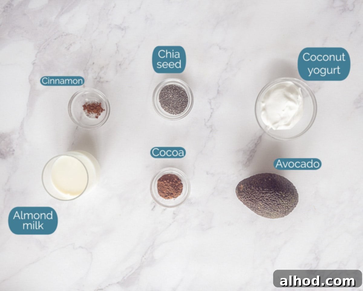 Silky Smooth Chocolate Avocado Treat 3 Ingredients Chocolate Avocado Smoothie, individually labelled on a white marbled background