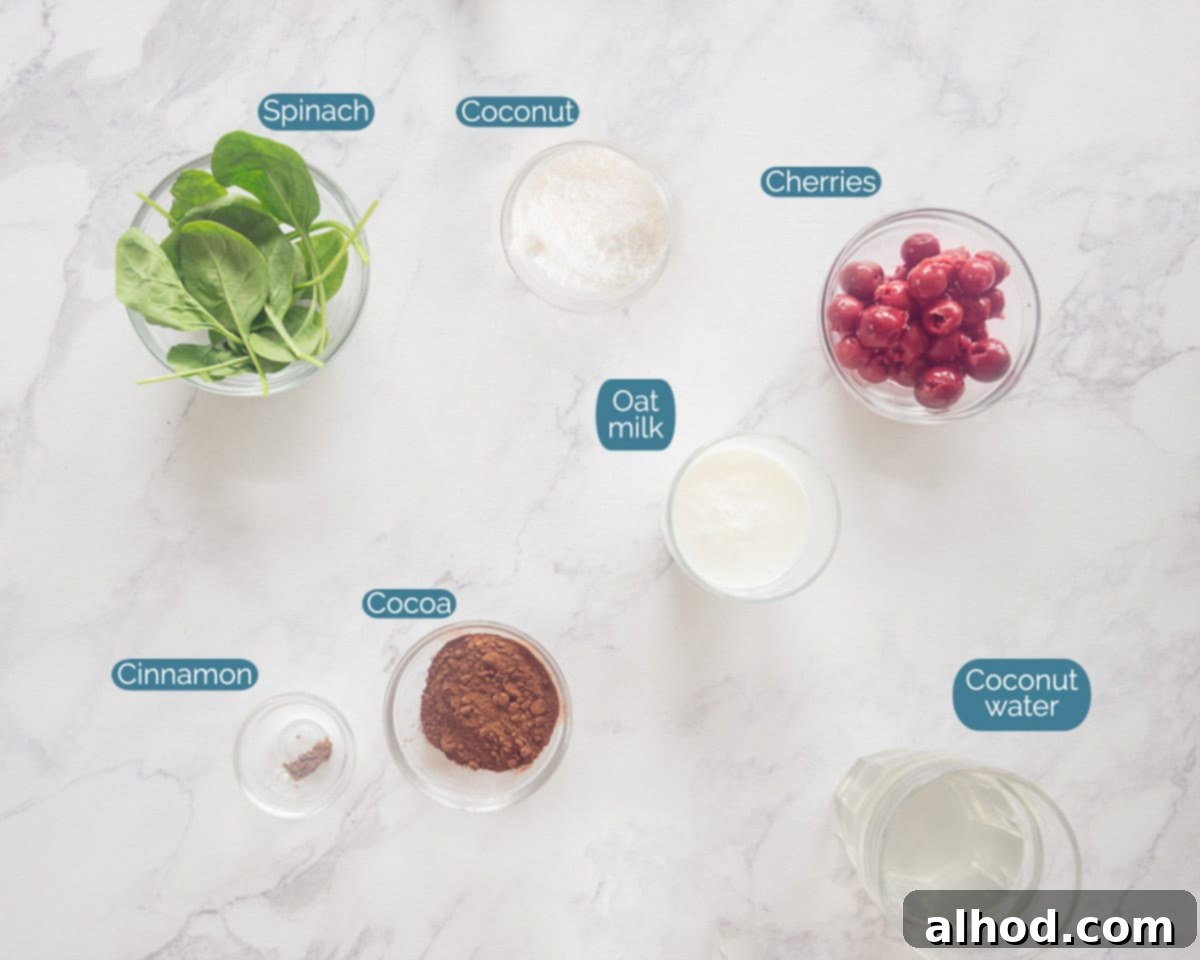 Tropical Chocolate Coconut Smoothie 3 Ingredients Chocolate Coconut Water Smoothie, individually labeled on a white marmer background