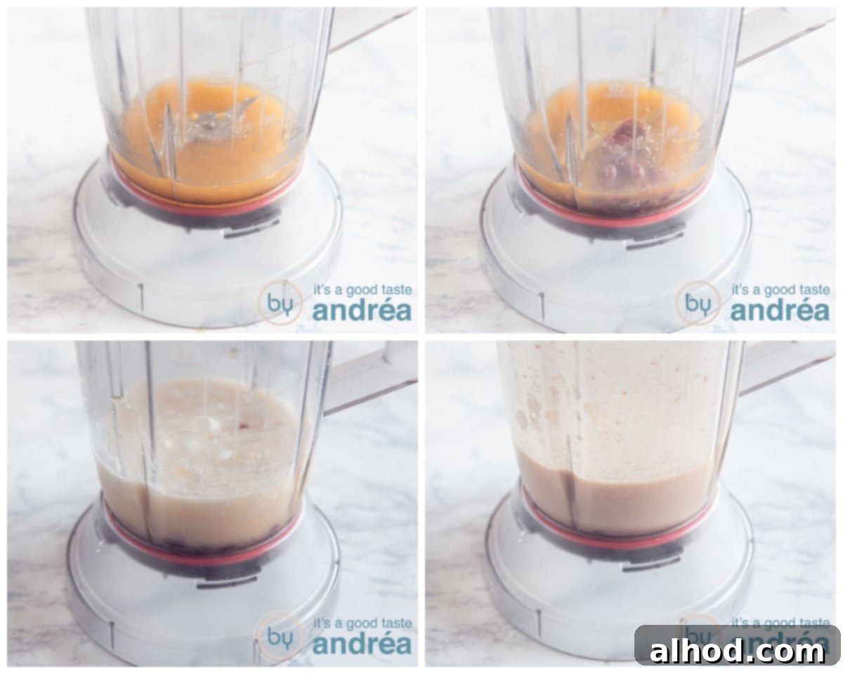 Dairy Free Tangerine Smoothie 4 A collage of four images illustrating the blending process: adding tangerine juice, cranberries, coconut milk, and the final blend in a high-speed blender.