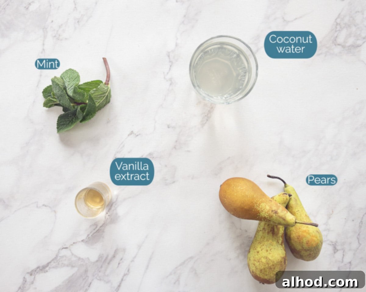 Ingredients Dairy Free Pear Coconut Water Smoothie, indivdiually labeled on a white marbled background