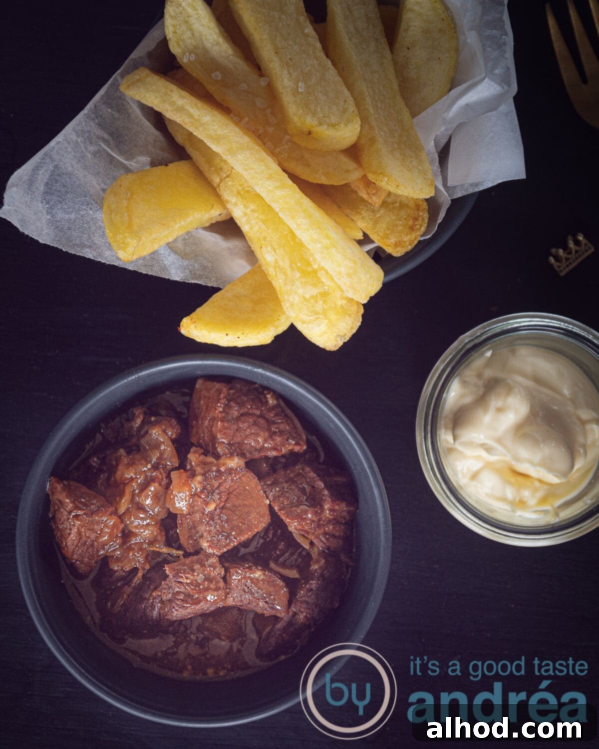 Belgian Beef Stew 2 top down Belgian beef stew, fries and mayonnaise