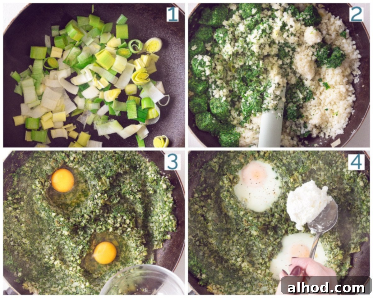 Silky Cauliflower Risotto with Fresh Spinach and Leeks 4 A four-panel collage illustrating the step-by-step preparation of Creamy Cauliflower Rice with Spinach and Leek, showing ingredients sautéing, eggs being added, and the finished dish.