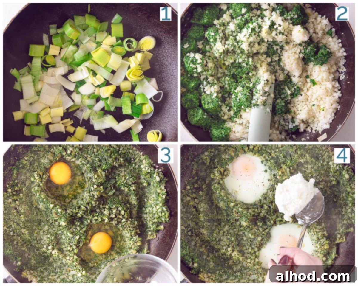Velvety Cauliflower Rice with Spring Greens 4 A four-panel collage illustrating the preparation steps for Creamy Cauliflower Rice with Spinach and Leek.