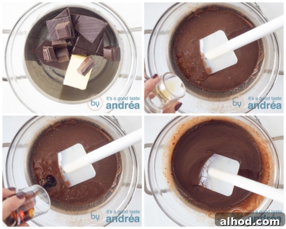 Master Fudgy Brownies in 4 Simple Steps 4 Melting chocolate au bain-Marie adding syrup and vanilla