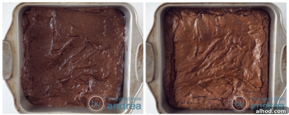 Master Fudgy Brownies in 4 Simple Steps 7 brownie batter in a pan and a second photo with baked brownies