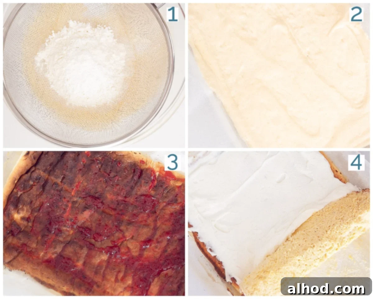 Baby Shower Swiss Roll 4 A four-photo collage showing the step-by-step process of making a Baby Shower Cake Roll, from batter to rolling, on a white background.