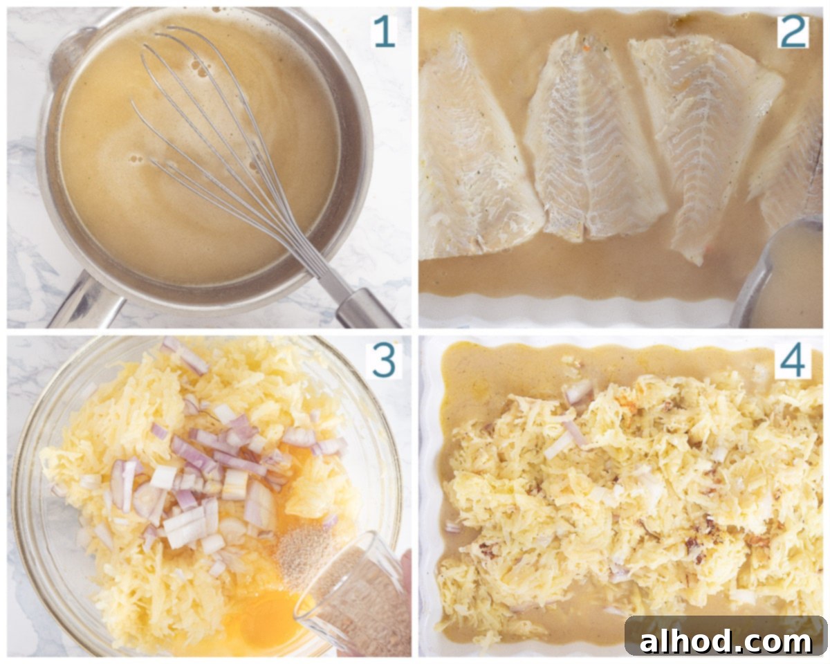 Hearty Cod and Potato Bake 4 Adding cod fillets to a pan with vegetable stock and white wine for poaching before baking.
