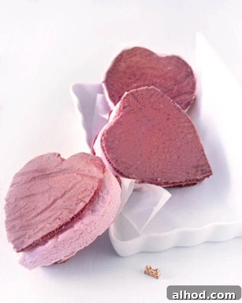 Sweetheart Chocolate Cookie Ice Cream Hearts 3 Valentine Ice Hearts, with a vibrant strawberry ice cream filling perfectly nestled between two rich chocolate cookies, garnished with sprinkles.