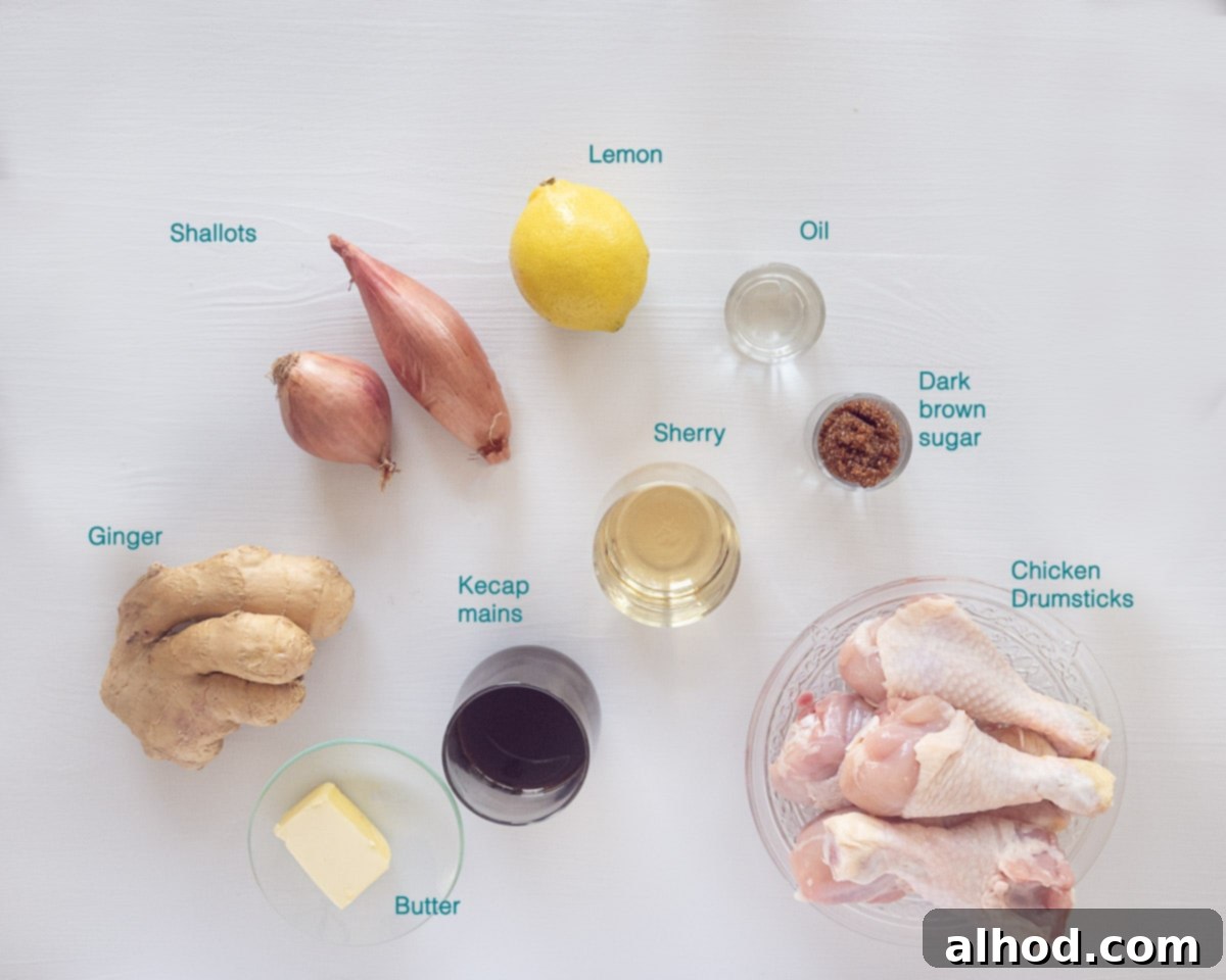 Sticky Soy Glazed Drumsticks 3 A beautifully arranged overhead shot showcasing all the individual ingredients needed for Soy Sauce Chicken Drumsticks on a pristine white background, clearly labelled for easy identification.
