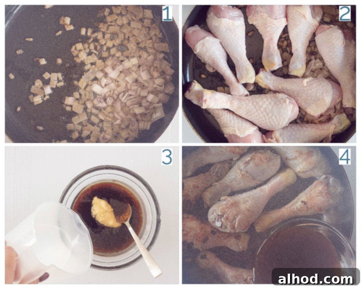 Sticky Soy Glazed Drumsticks 4 A four-panel collage photo illustrating the preparation stages of Soy Sauce Chicken Drumsticks, from browning the chicken to simmering in the flavorful sauce, providing a visual guide.