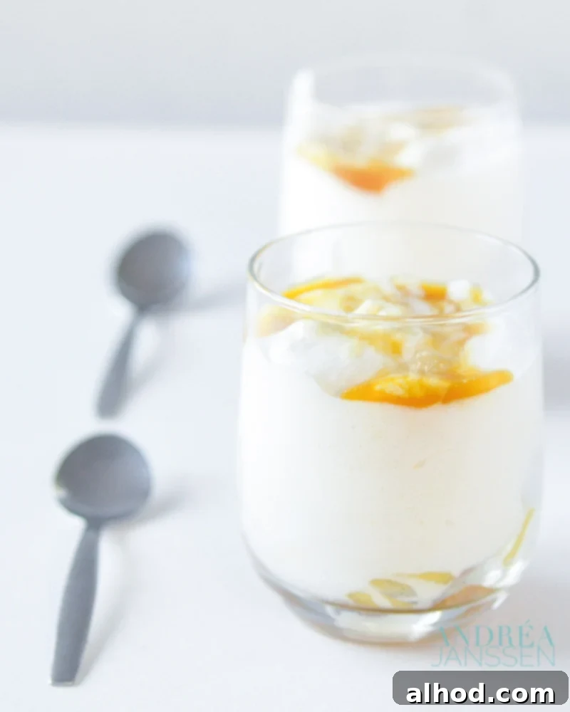 Aged Gin Mango Mousse 3 Two glasses of mango mousse with brown gin, garnished with fresh mango slices