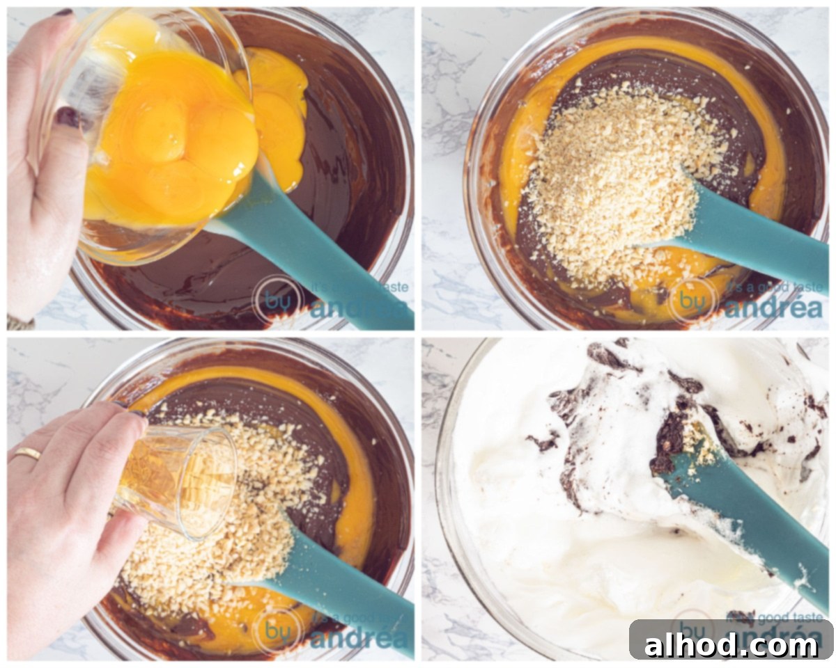 Dreamy Chocolate Mousse (No Cream Needed) 7 Add egg yolk, hazelnuts, brandy and egg whites to the melted chocolate