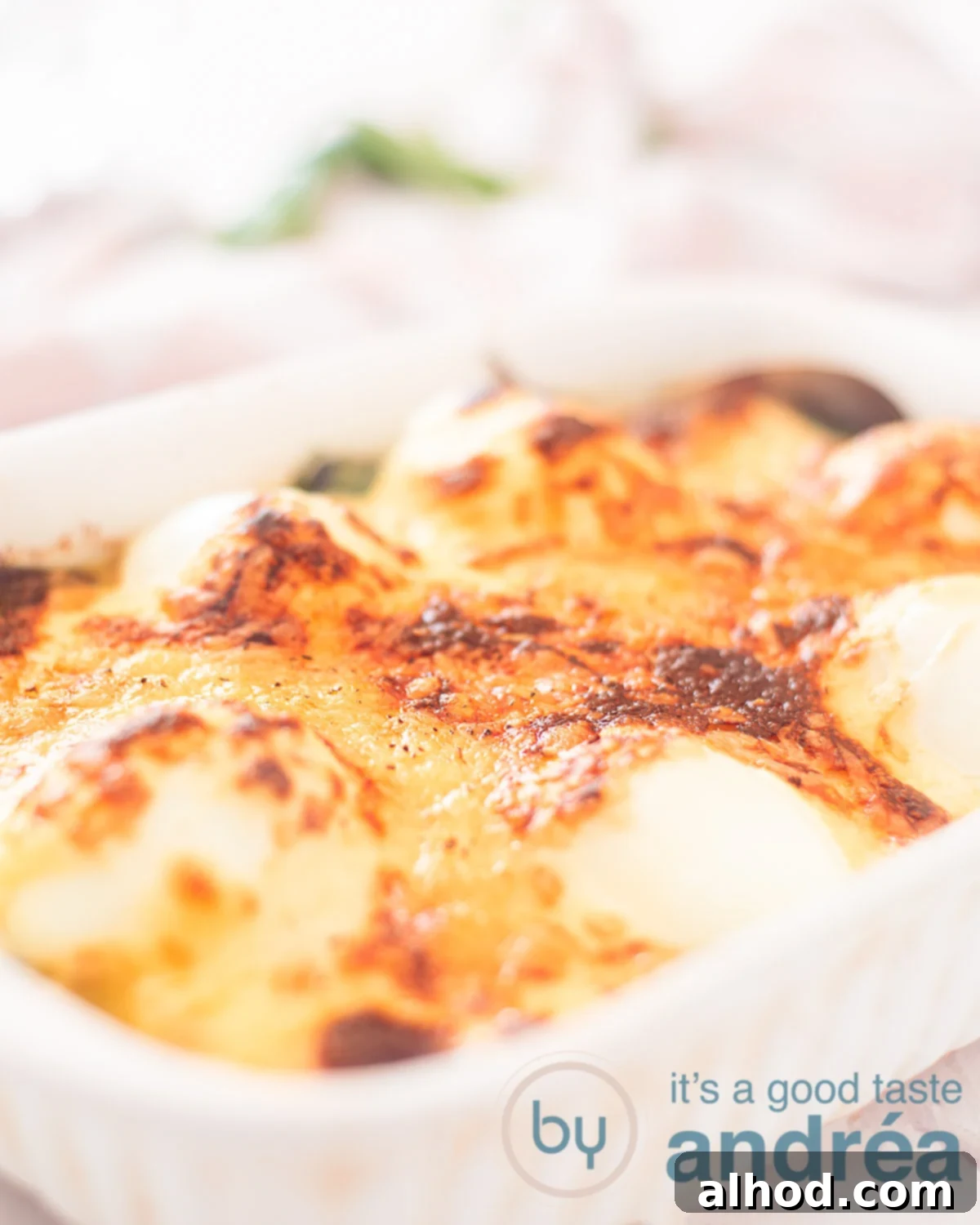 Gourmet Spinach Egg Florentine 3 A white casserole filled with spinach, eggs, Mornay sauce and Gruyere gratin. A pink-white cloth in the back.