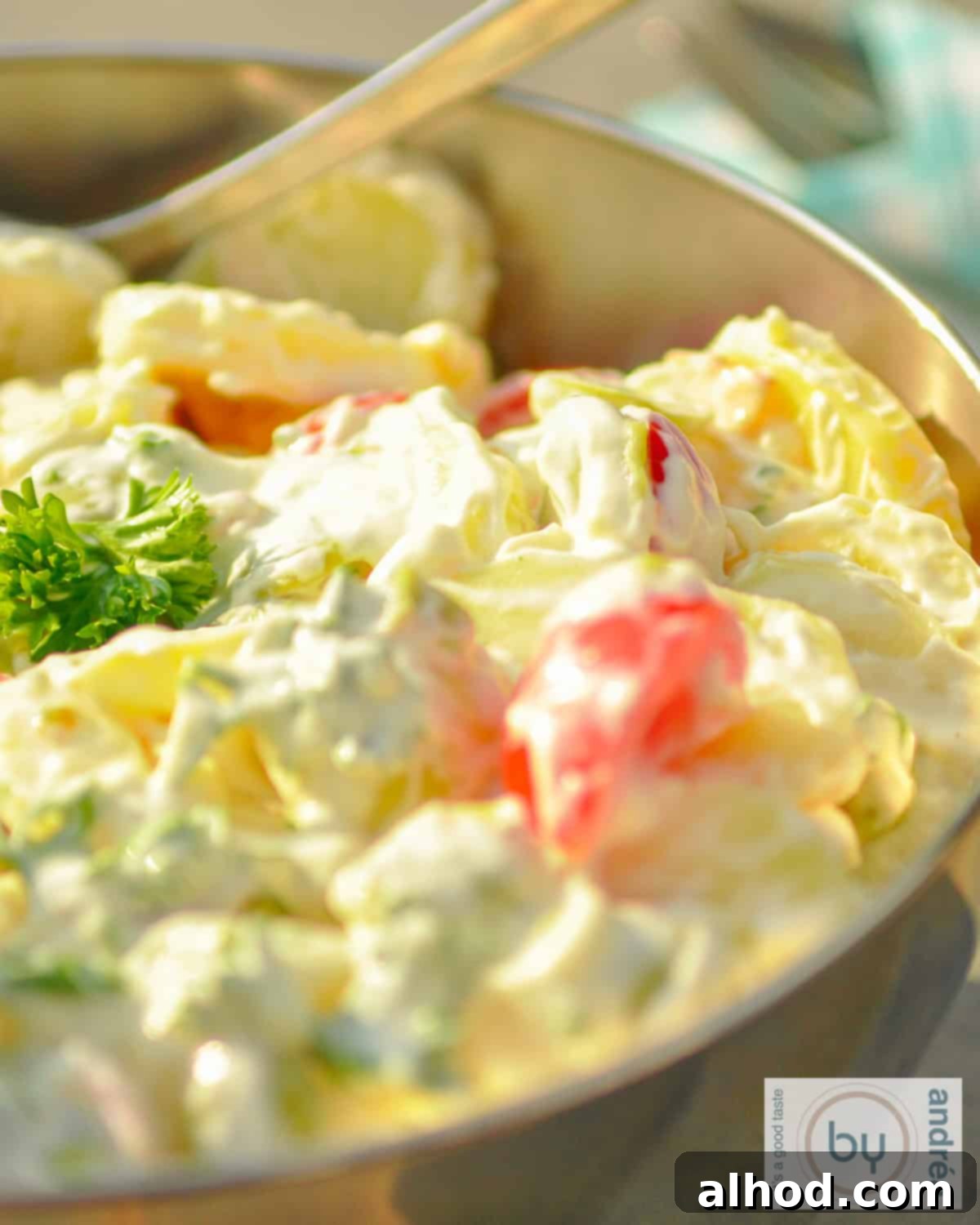 Smoky and Creamy Chicken Potato Salad 2 A portion of a lean potato salad in a bowl