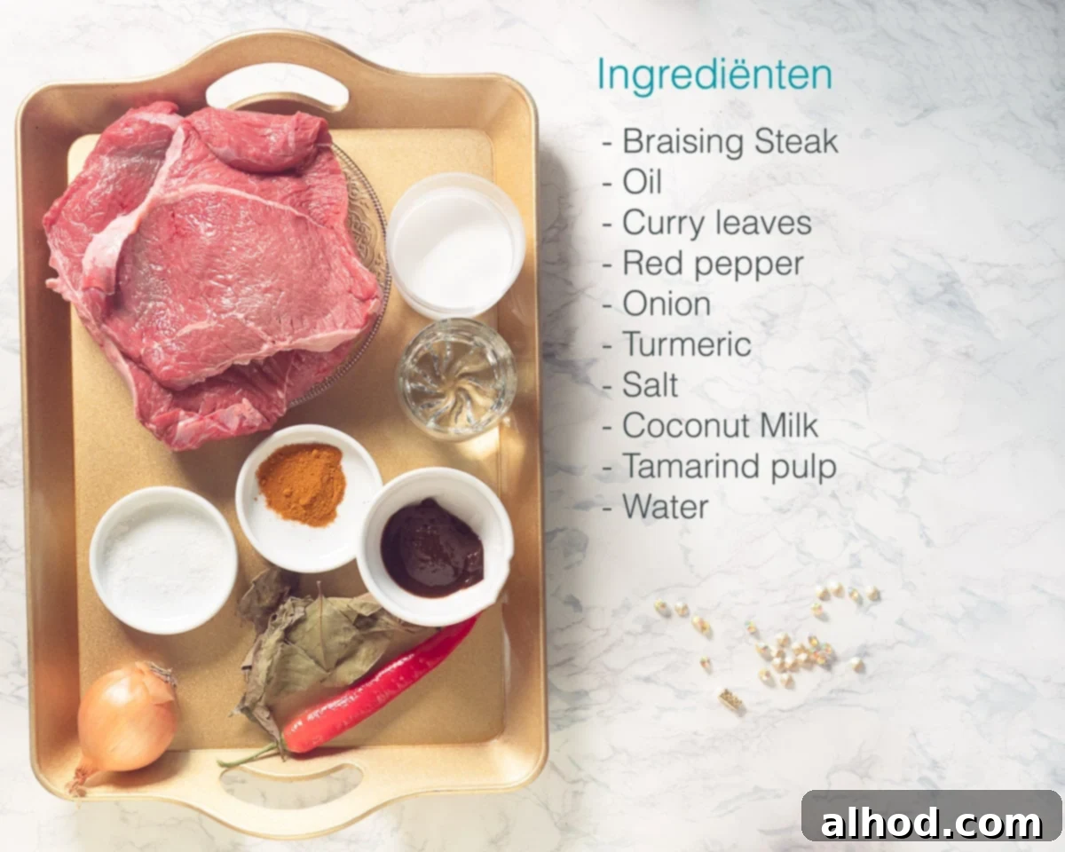 Hoppers & Heat: Sri Lanka's Spiced Beef Curry 3 Ingredients Sri Lankan Beef Curry on a golden tray. On the right side on a marbled surface a text list with ingredients